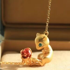 24K Gold Matte Finish Pokemon Mew With Rose Micro Paperclip Chain Necklace Anime